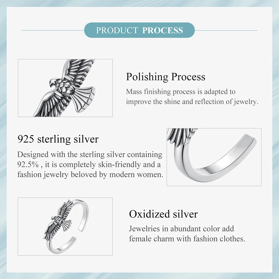 WOSTU Vintage 925 Sterling Silver Eagle Open Ring, s925 Women's Gothic Punk Statement Adjustable Animal Rings Fine Jewelry Gift