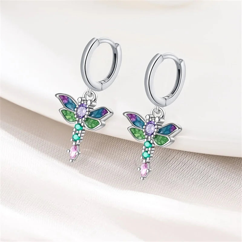 Classic Earrings For Women Girls 925 Silver Sparkling Four Leaf Clover Dragonfly Bees Double Hoop Earrings Luxury Party Jewelry