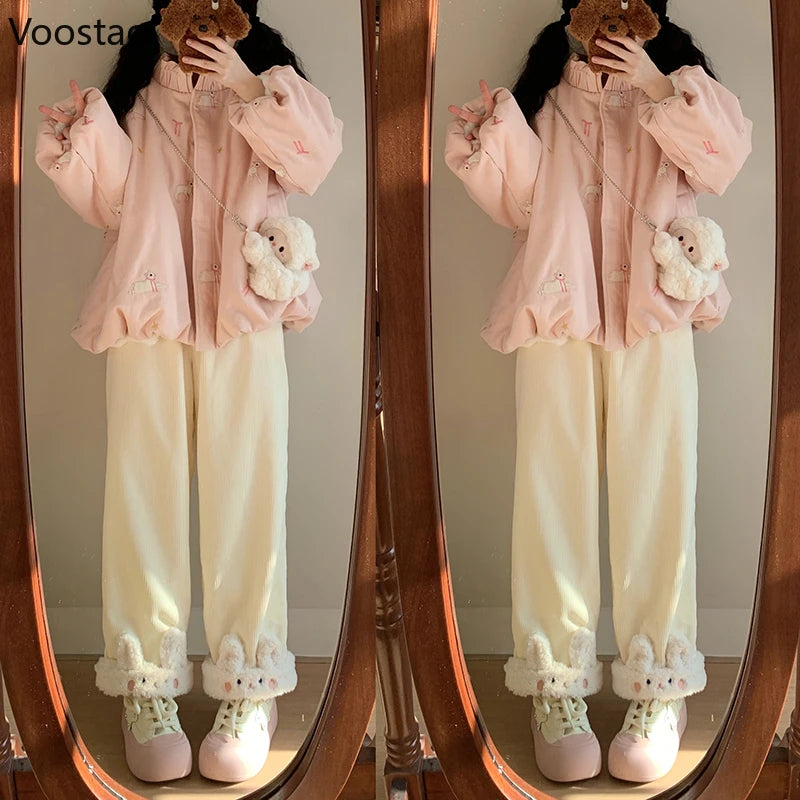 Autumn Winter Japanese Sweet Lolita Kawaii High Waist Corduroy Pants Warm Wide Leg Pants Y2k Cartoon Casual Loose Cute Trousers