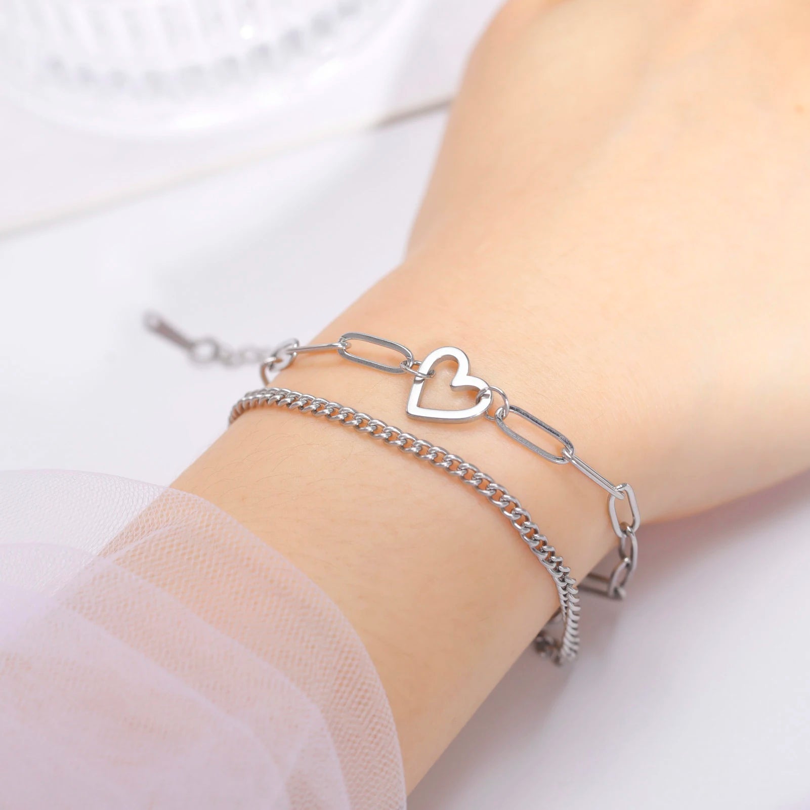 Heart Pendant Bracelet Paper Clip Chain Bracelet Stainless Steel Double Chain Bracelet for Women Couple Jewelry for Party Gift