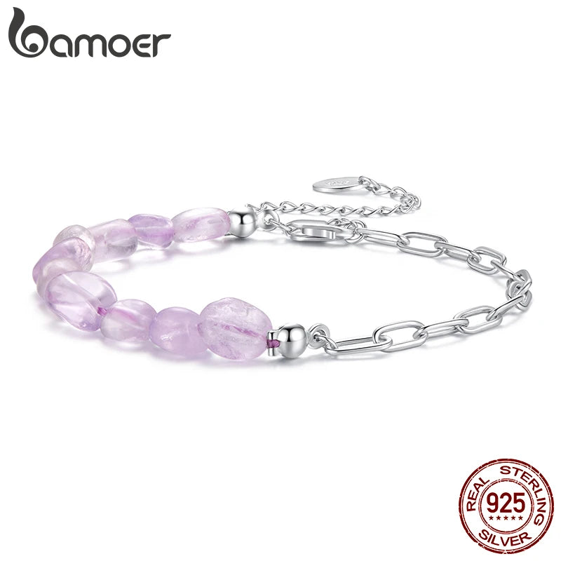 BAMOER 925 Sterling Silver Purple Crystal Bracelet Adjustable Bead & Chain Dual-Tone Wrist Chain for Women Teens Dainty Gift