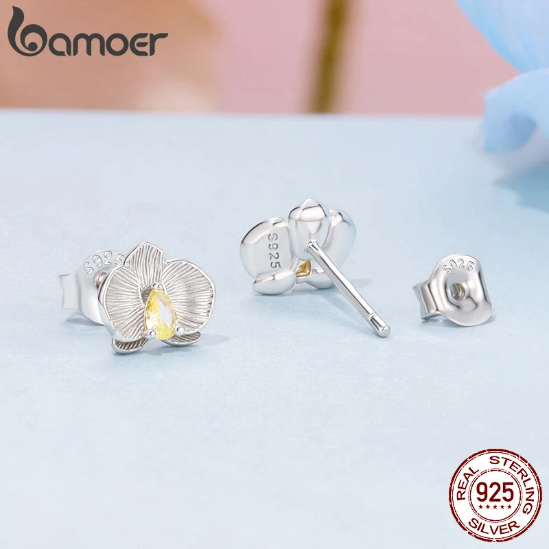 BAMOER Solid 925 Sterling Silver Phalaenopsis Stud Earrings for Women Teens Hypoallergenic Cute Dainty Flower Stud Earrings