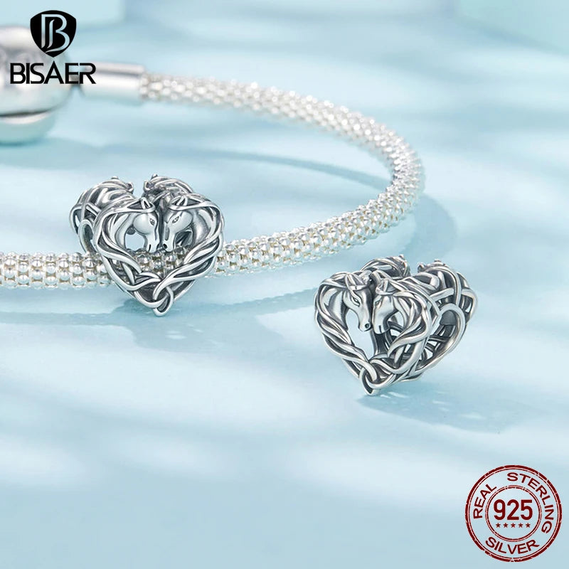 BISAER 925 Sterling Silver Horse Lover Girl Charm Double-Horse Celtic Knot Bead for Women DIY Bracelet & Neckalce Fine Jewelry