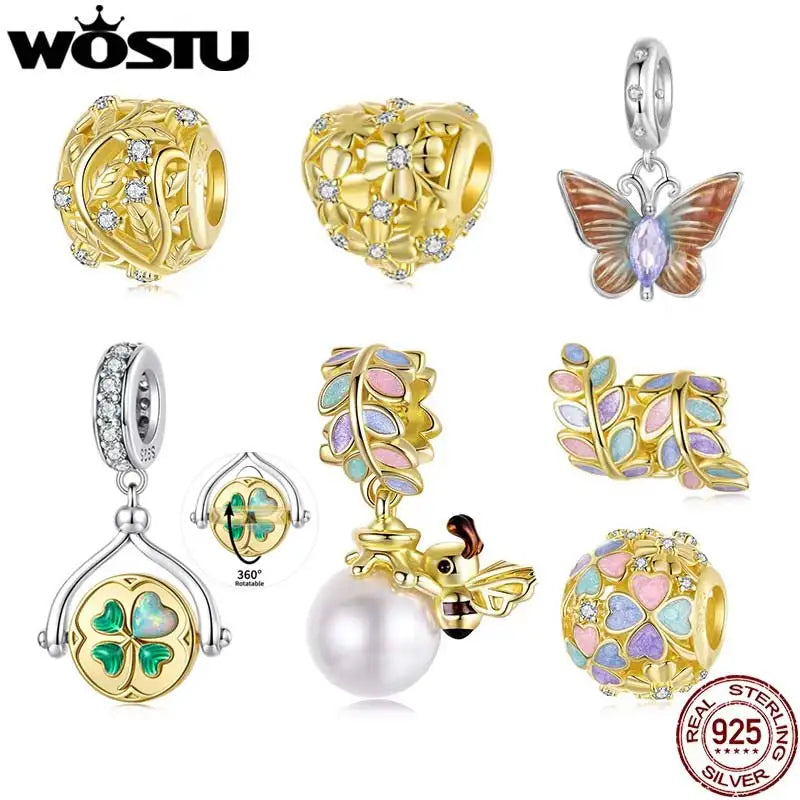 WOSTU 925 Sterling Silver Tow Tone DIY Bee Pendant Lucky Four-Leaf Clover Charm Colorful Leaves Bead Fit Original Bracelet Neck