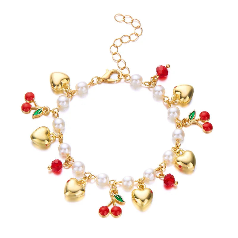 Charm Red Strawberry Bracelet For Women Cute Cherry Heart Shape Fruit Pearl Metal Chain Wristband Girls Party Friendship Jewelry