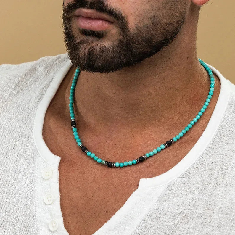 Synthetic Turquoise Necklaces for Men Boys,Natural Stone Mini Beads Necklaces,Summer Beach Bohemian Male Jewelry Gift