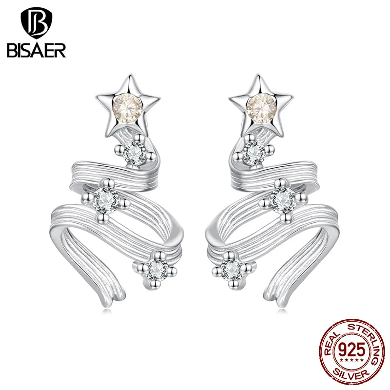 BISAER 925 Sterling Silver Christmas Tree Stud Earrings,Sparkling Zircon Lightweight Hypoallergenic for Women Party Fine Jewelry