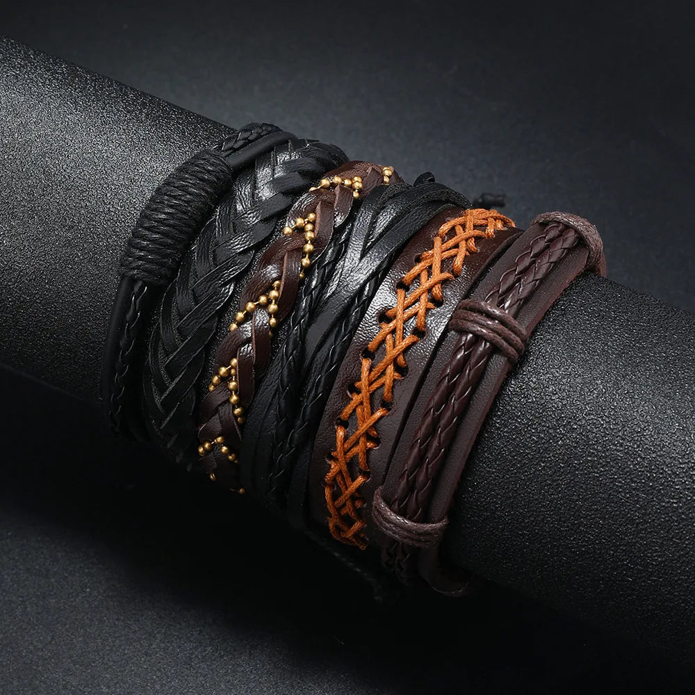 4Pcs/ Set Braided Wrap Leather Bracelets for Men Vintage Life Tree Rudder Charm Wood Beads Ethnic Tribal Wristband Rope Bracelet