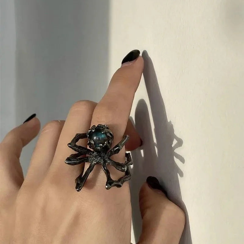 Halloween Creative Black Spider Opening Ring For Women Crystal Irregular Dark Animal Bat Ghost Gothic Finger Rings Party Jewelry