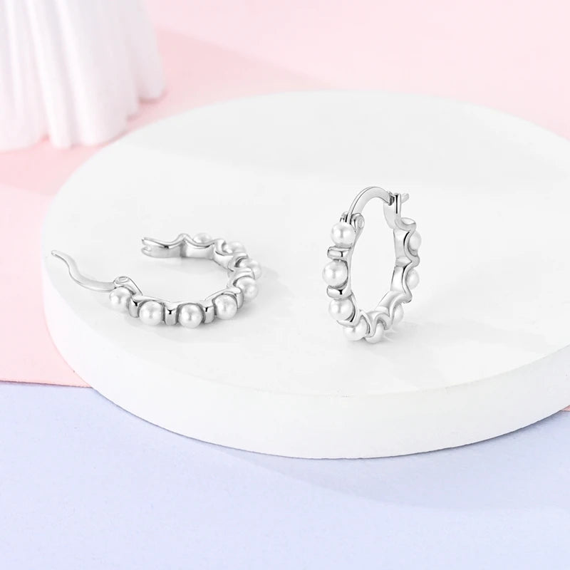 Classic Earrings 925 Silver Shining Pearl Hoop Earrings For Women Daily Wear Wedding Engagement Birthday Fine Party Jewelry Gift