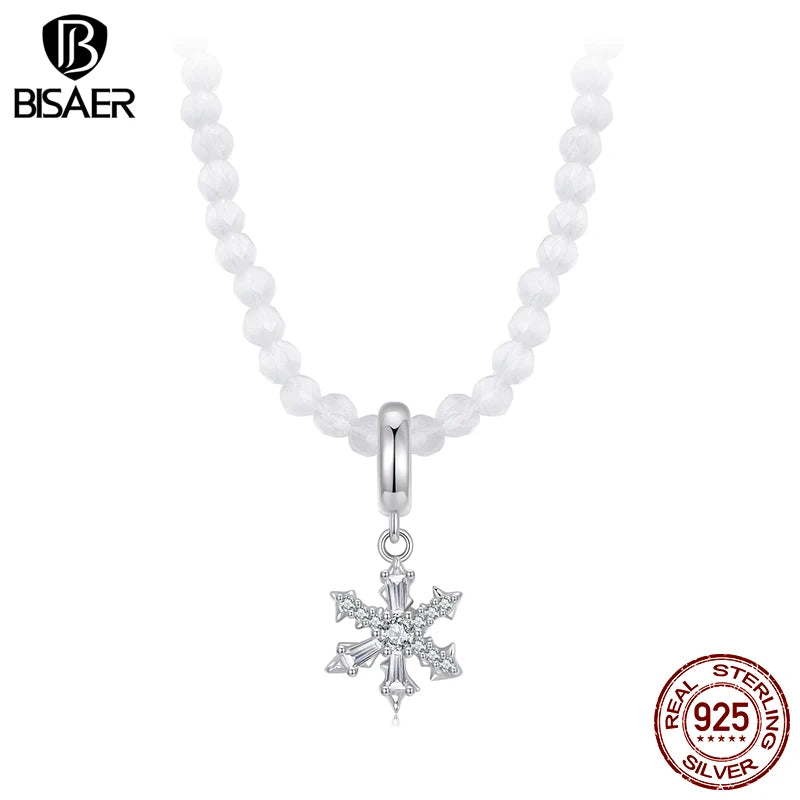 Collier pendentif fleur de glace BISAER en argent sterling 925 avec breloque en forme de perle chaîne réglable plaquée or blanc pour femme bijoux fins