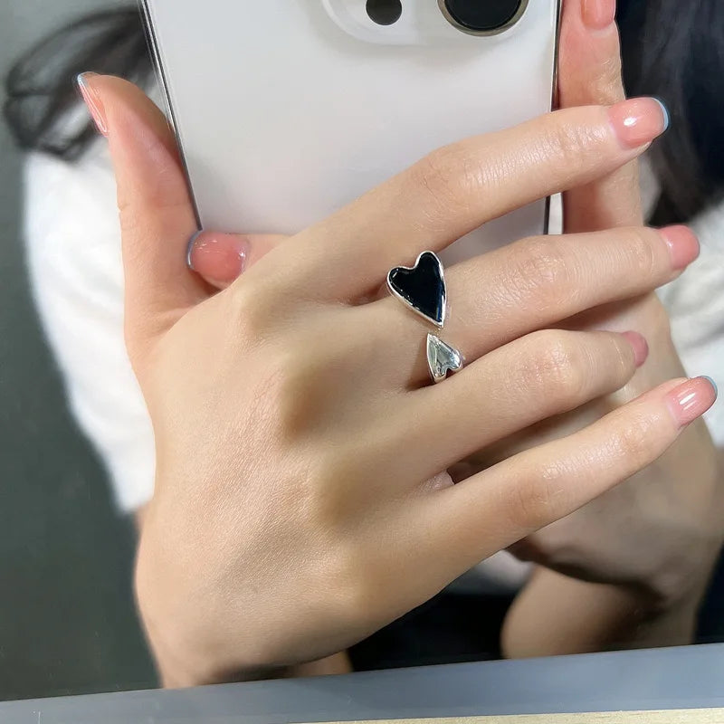 925 Sterling Silver Unique Ring For Women Jewelry Finger Adjustable Vintage Black Heart Ring For Party Birthday Gift