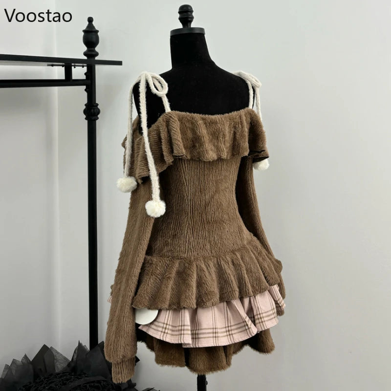 Vintage Sweet Lolita 2 Piece Sets Women Japanese Off Shoulder Bow Blouse Tops Plaid Cake Mini Skirt Suit Girls Cute Y2k Outfits
