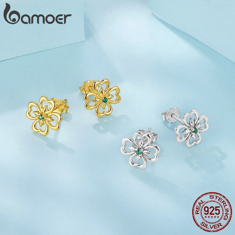 BAMOER Ohrstecker aus 925er Sterlingsilber mit vierblättrigem Kleeblatt und Kreuzmotiv für Damen und Teenager – hypoallergen, niedliches Schmuckstück mit hohler Blume – das perfekte Geschenk