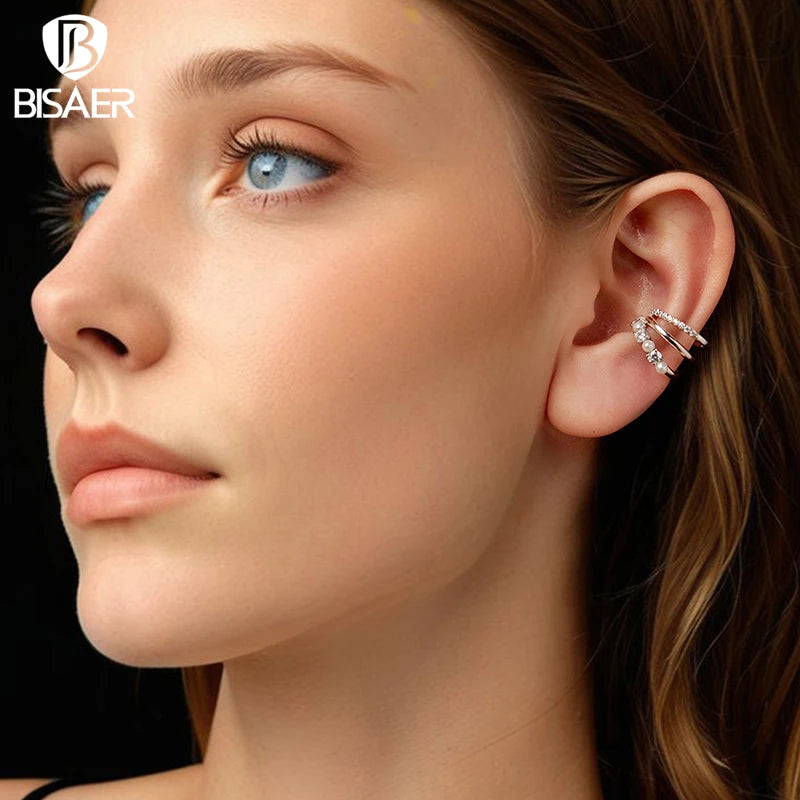 BISAER Pearl Moissanite Bowknot Ear Clips 925 Sterling Silver VVS1 Clarity Lab Created Diamond For Women Wedding Jewelry Gift