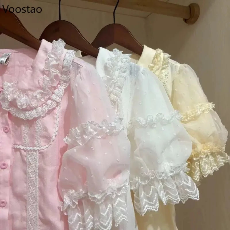 Japanese Sweet Lolita Shirts Women Kawaii Cute Puff Short Sleeve Lace Ruffles Slim Blouses Tops Girls Y2k Clothes Blusas Mujer