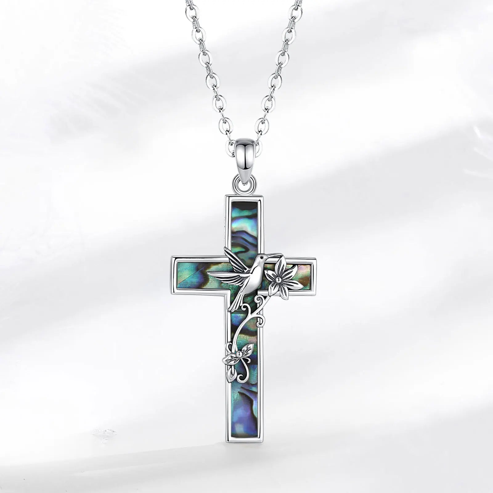 Collier croix colibri en argent sterling 925 Eudora pour femme et homme, pendentif en coquillage d'ormeau naturel, bijou religieux, cadeau raffiné