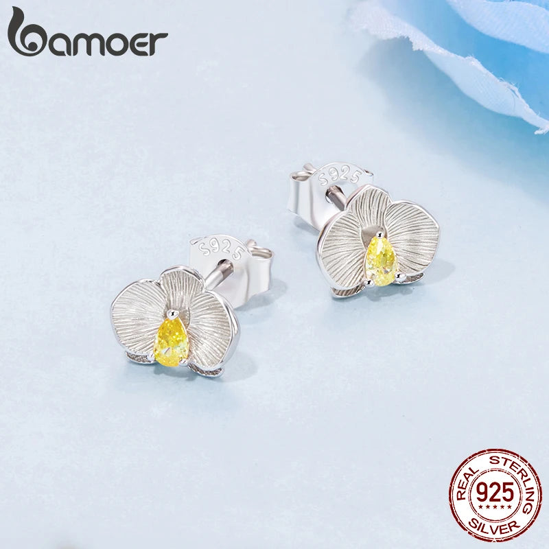 BAMOER Solid 925 Sterling Silver Phalaenopsis Stud Earrings for Women Teens Hypoallergenic Cute Dainty Flower Stud Earrings