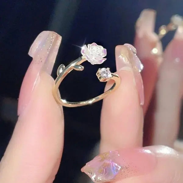 Pink Romantic Flower Rings For Women Shiny Zircon Cherry Blossom Branch Shell Finger Ring Wedding Christmas Aesthetic Jewelry