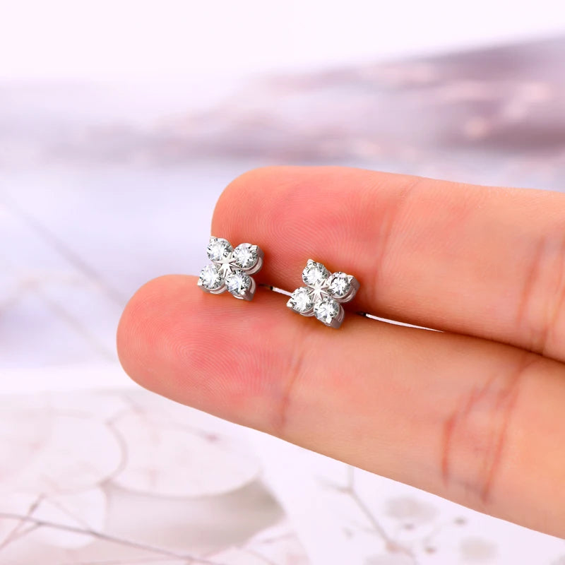 OXTAO D Color 3.0mm Moissanite Stud Earring Ladies 925 Sterling Silver Daily Wear Fashion Four Leaf Clover Earrings Jewelry Gift