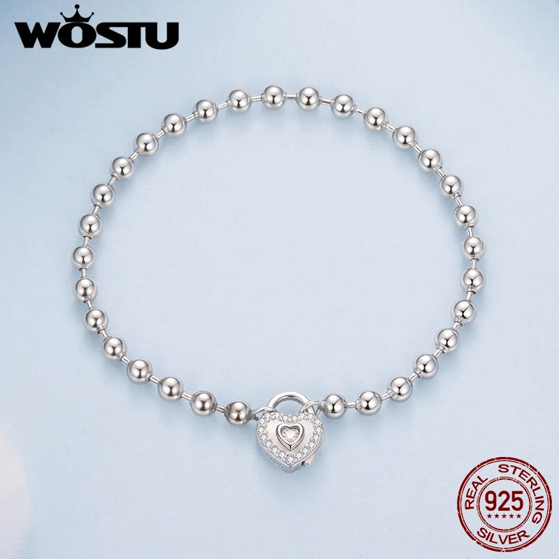 WOSTU Real 925 Sterling Silver Beaded Bracelet with Heart Lock Pendant & CZ, s925 Valentine Jewelry Love Bangle Gift For Her