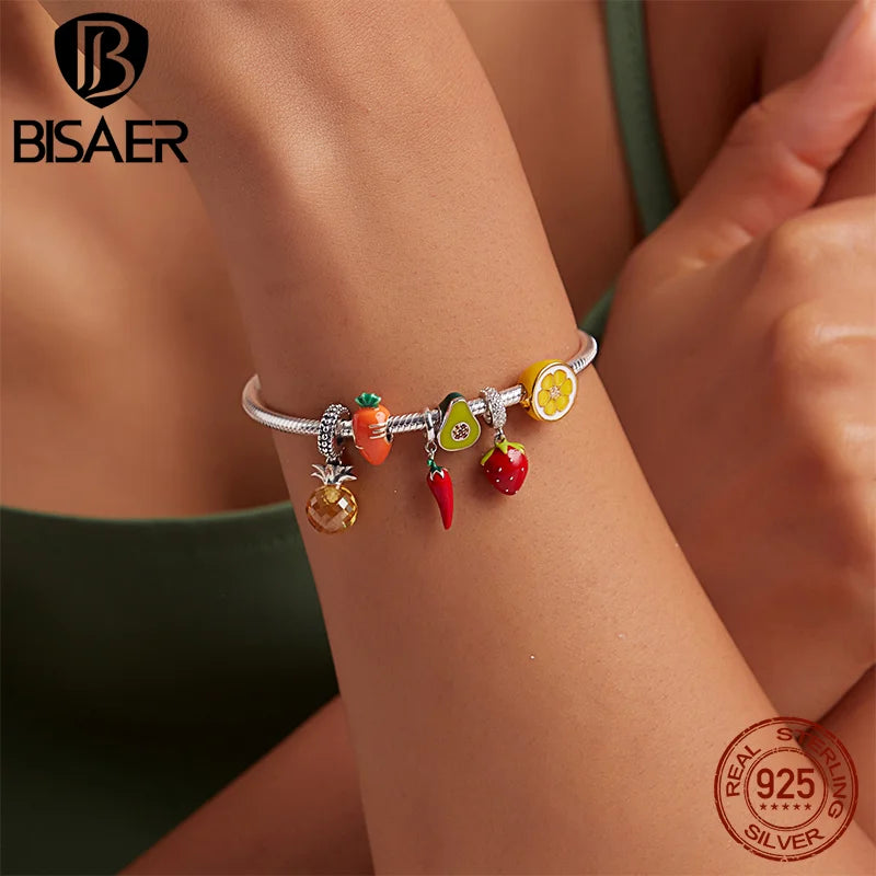 BISAER 925 Sterling Silver Red Wine Glass Rose Charm Bead Cherry Fruit Pendant Fit Girl Bracelet&Necklace DIY Fine Jewelry Gift