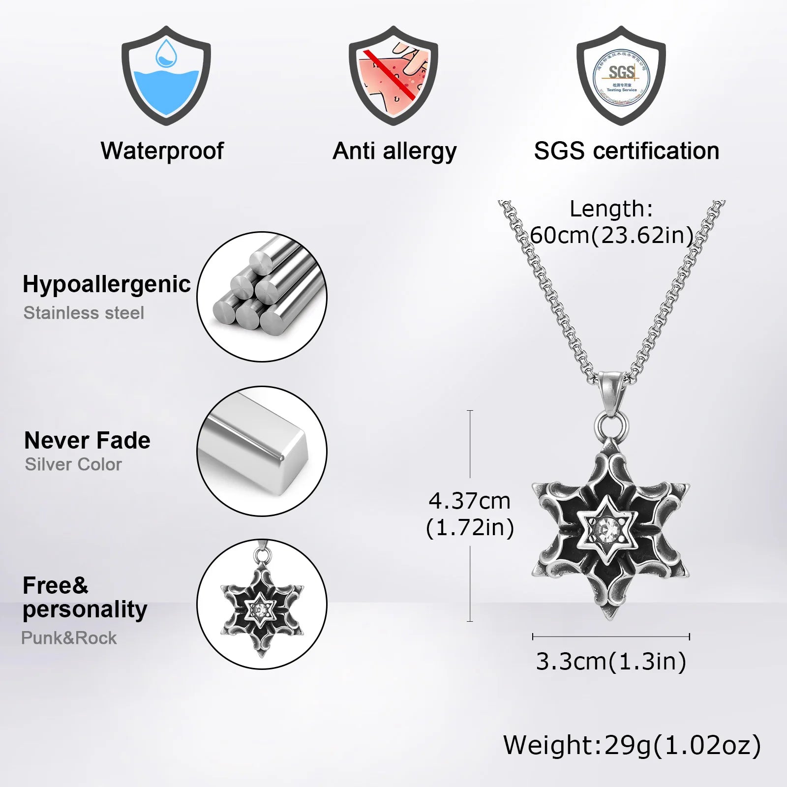 Vnox Hexagram David Star Necklace, Mens Gothic Floral Textured Pendant, Punk Thick Bold Heavy Male Accessory