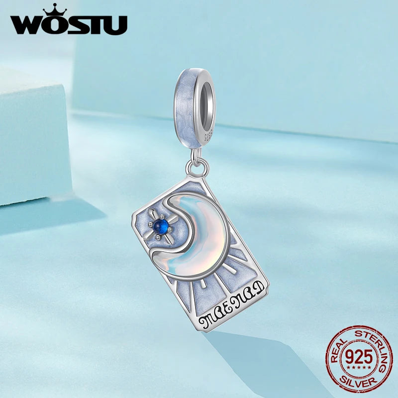 WOSTU 925 Silver Sun Moon Star Tarot Cards Charm Red Queen Tarot Pendant Fit Original DIY Bracelet Necklace Birthday DIY Jewelry