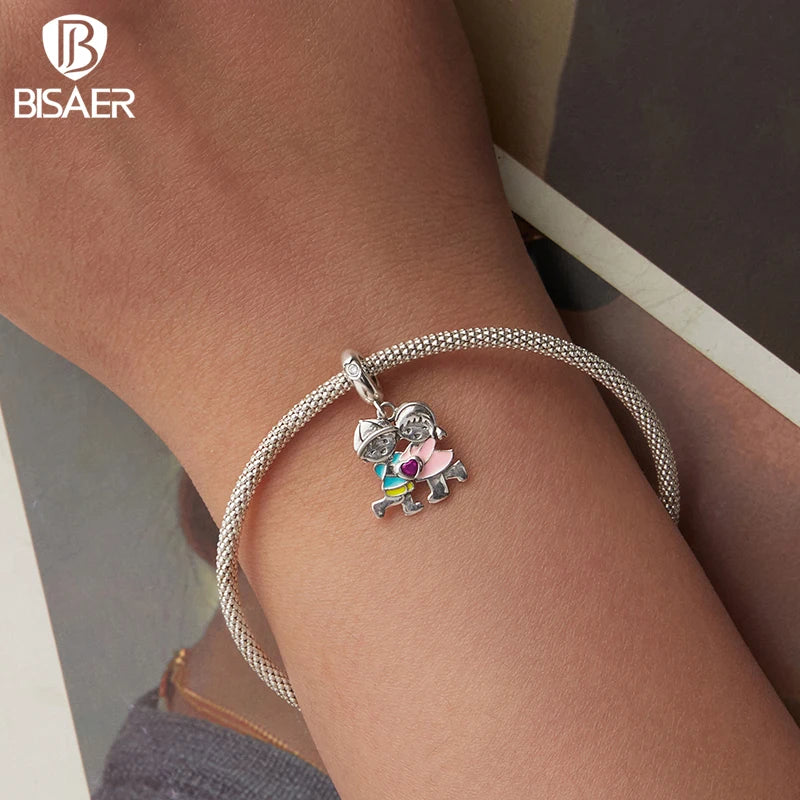 BISAER 925 Sterling Silver Family Charm Bead Boy & Girl Heart Zircon Pendant For Women Girl DIY Bracelet & Necklace Fine Jewelry