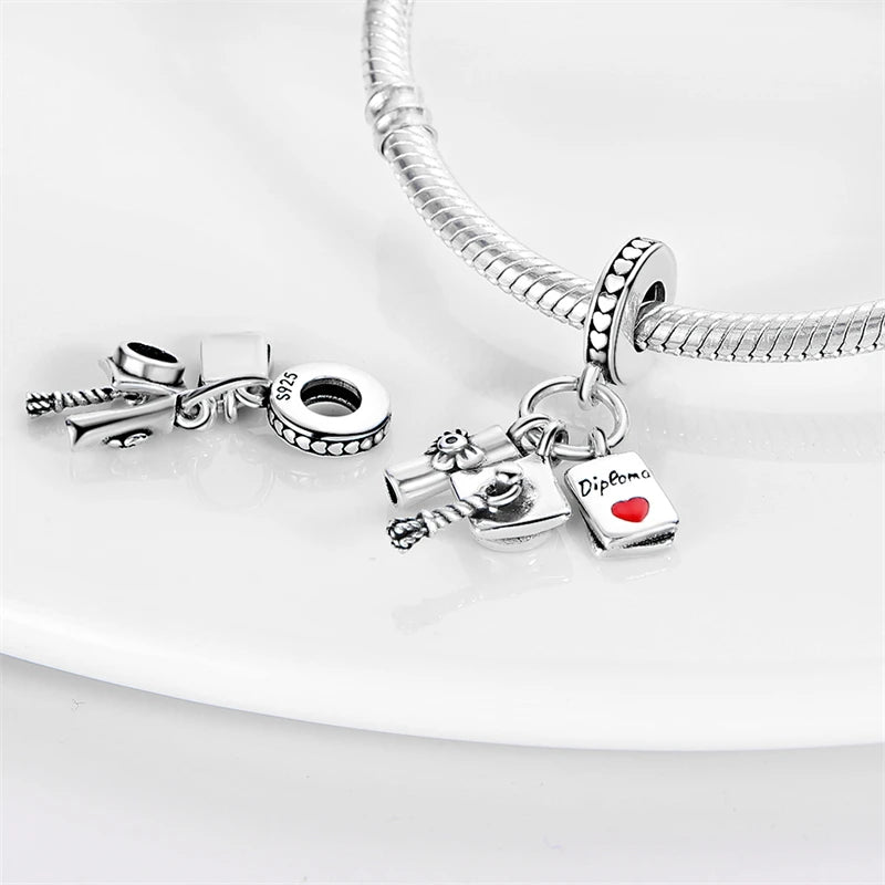 New 925 Silver Trencher Cap Graduation Season Charms Beads Fit 3mm 925 Original Bracelets DIY Unique Jewelry Graduation Gift