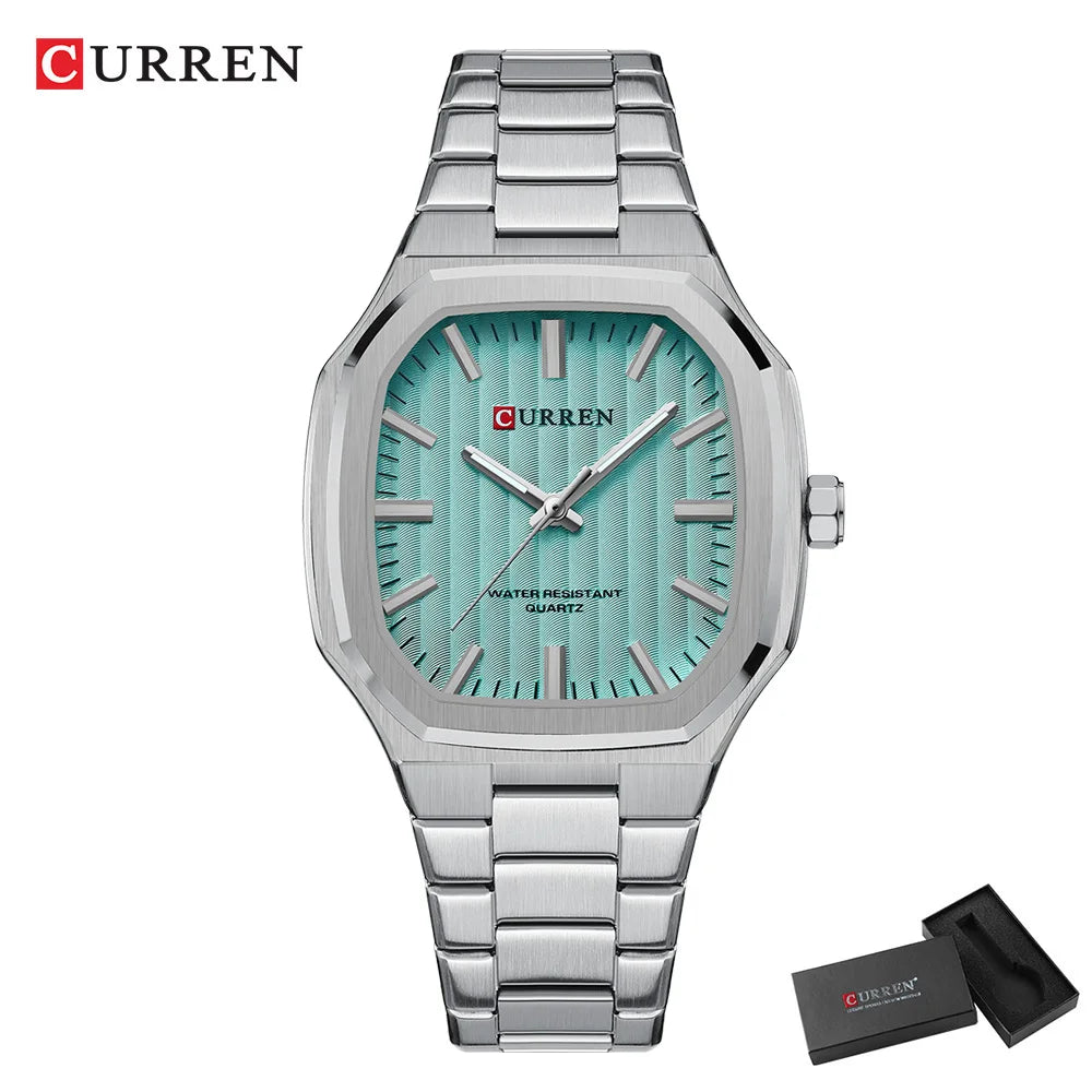 CURREN Luxury Business Square Quartz Watches  Classic Stripe Design Dial with Stainless Steel Band Wristwatch for Men