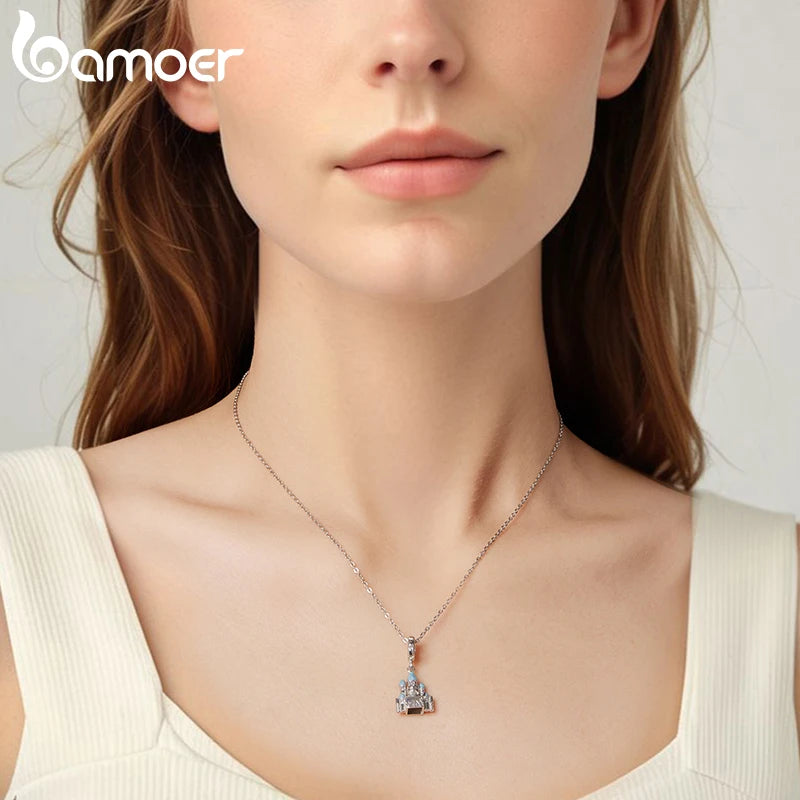 BAMOER 925 Sterling Silber Romantischer Schlossanhänger Rosa Schleifen-Zwischenperlen Kreuz-Glaubensanhänger für Halskette DIY Schmuckzubehör