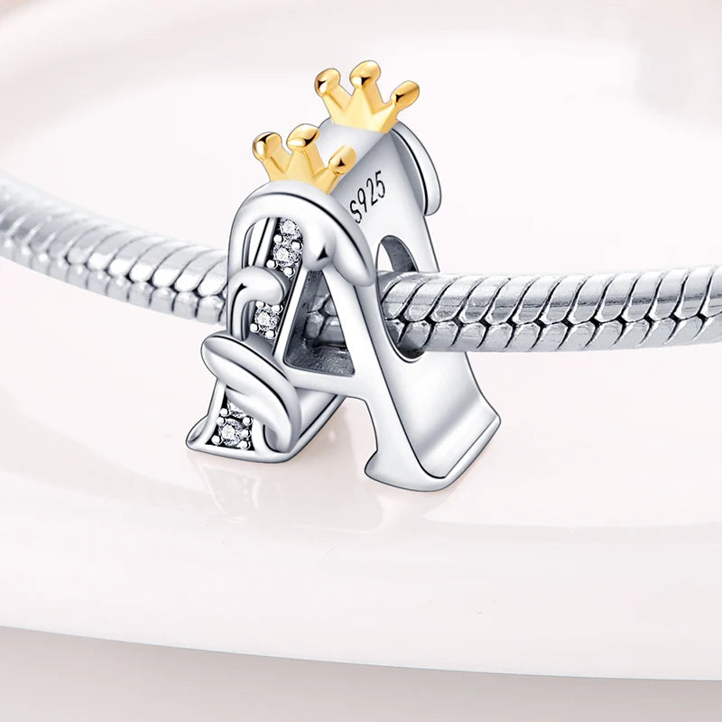 925 Sterling Silver 26 Alphabet A-Z Crown Letters Charms Bead Fit Original Bracelet Fine DIY Charm For Woman Anniversary Jewelry