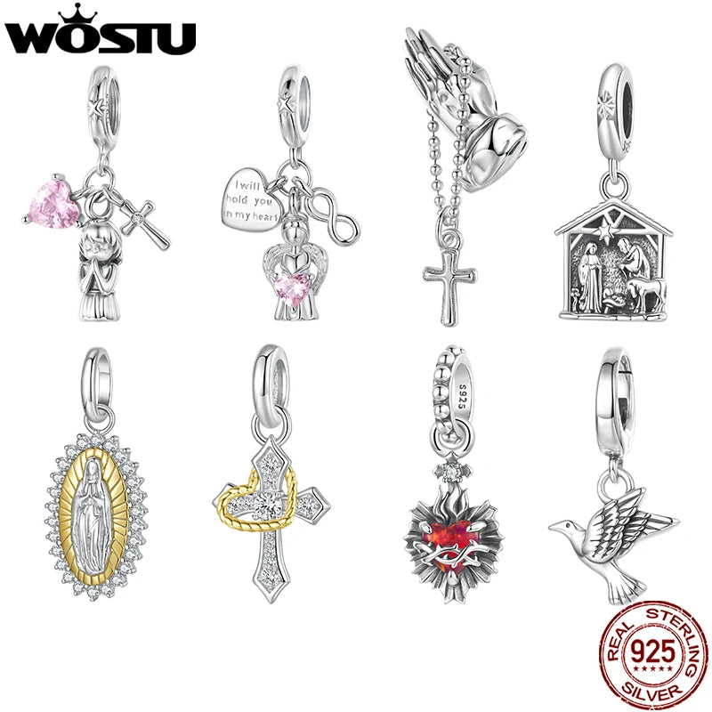 WOSTU Religious Series 925 Sterling Silver Prayer Charms Guardian Angel Pendant Red heart Bead Fit Bracelet DIY Jewelry Making