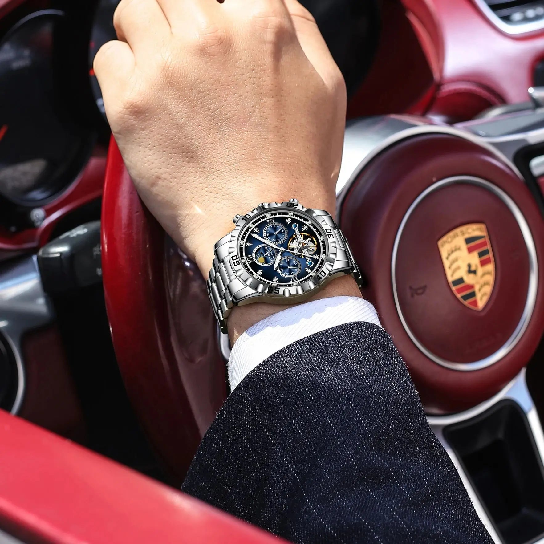 POEDAGAR Business Top Watch For Man Hollow Tourbillon Automatic Men's Watches Date Week Mechanical Stainless Steel Men Clock+Box