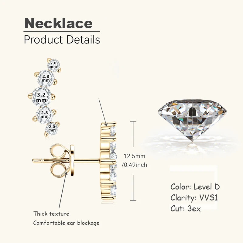 OXTAO 5 Stone Moissanite Climber Earrings Real 925 Silver Graduated Curved D Color Glittering Diamond Ladies Jewelry Gift