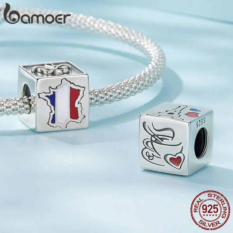 Bamoer 925 Sterling Silver World Travel Souvenir Charms Square National Beads for Women DIY Bracelet Accessories Culture Gift