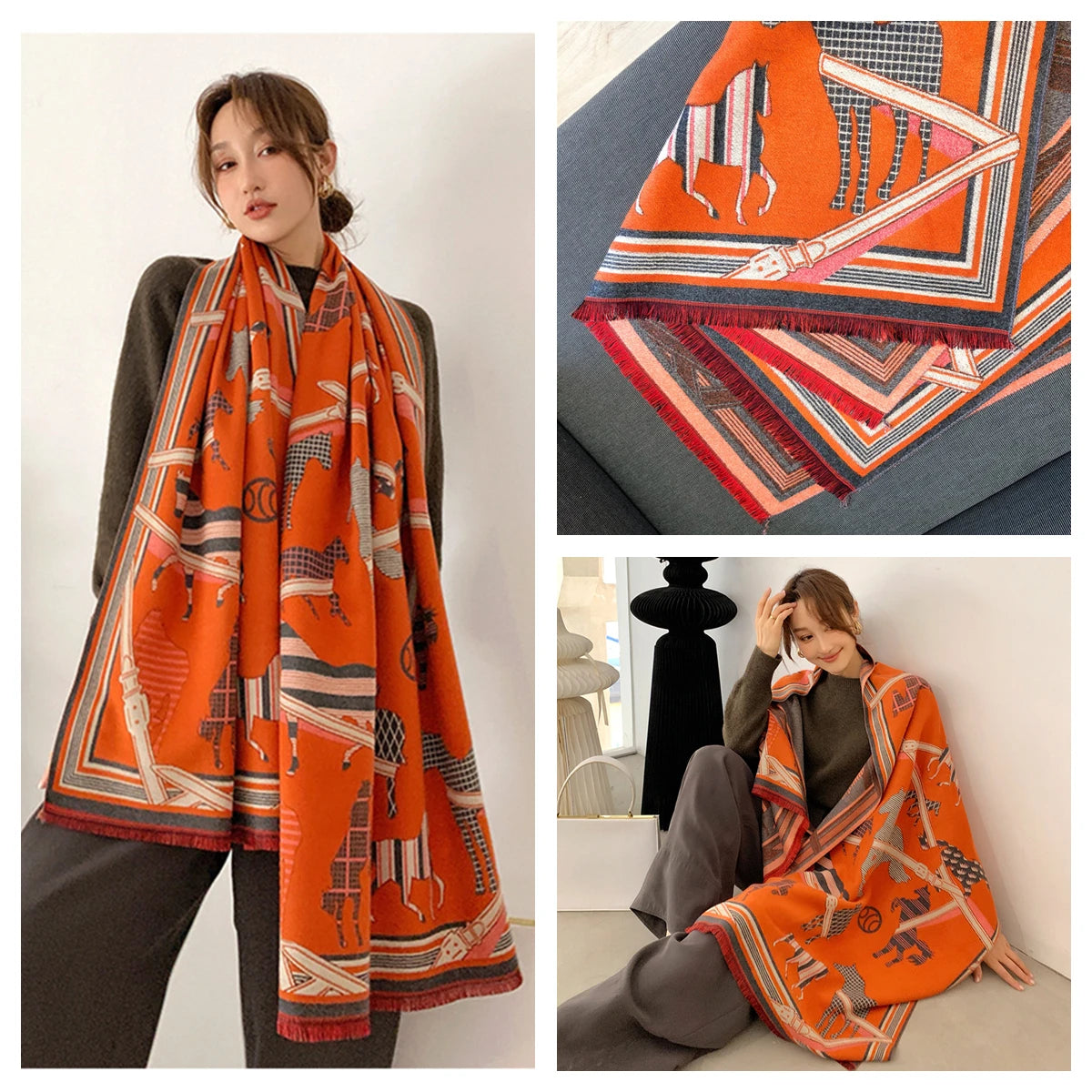 Women's Autumn Winter Horse Pattern Scarf New Luxury Cashmere Feeling Large Blanket Wrap Soft Warm Brand Shawl Retro & Classical - Madeinsea©