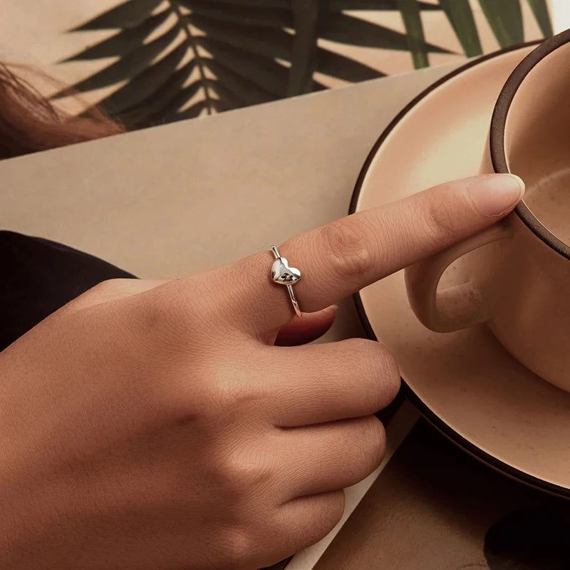 WOSTU 925 Sterling Silver  Mini Heart Opening Rings Stud Earrings Wedding Party Birthday Valentine's Gift Minimalism Jewelry Set