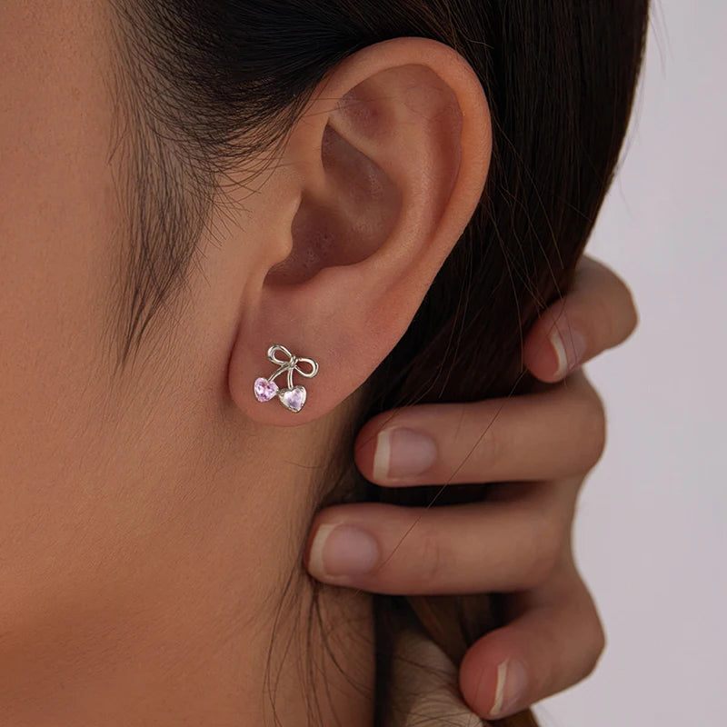 WOSTU Pink Cherry Bow Earrings For Women , Girl 925 Sterling Silver Stud Earrings Birthday Party Gift, Hypoallergenic Studs Xmas
