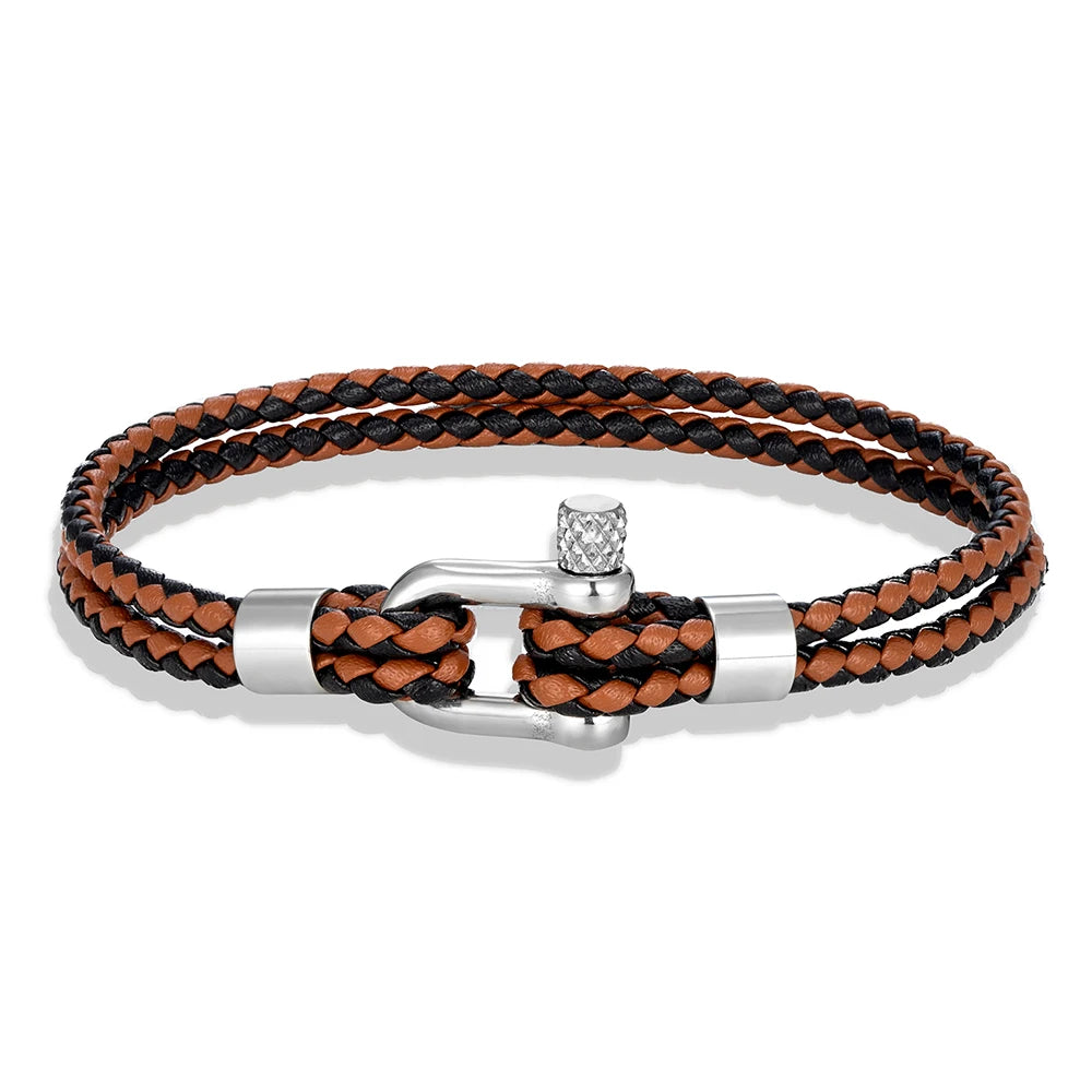 MKENDN Schwarzes Edelstahl-Schäkelarmband, schlichtes zweilagiges blaues Lederarmband für Damen und Herren, handgefertigter nautischer Schmuck