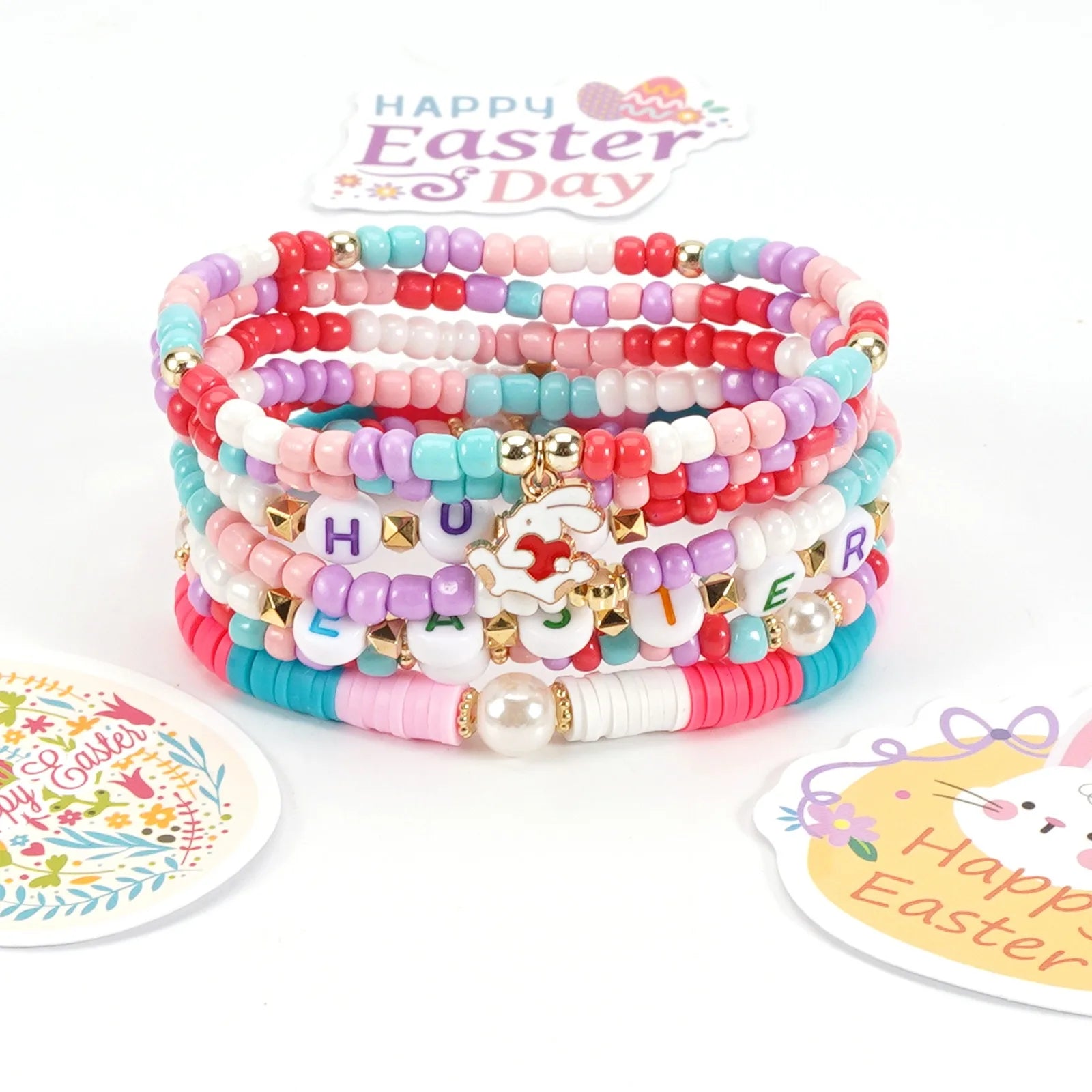 New Easter Bracelet Set Easter Bunny Egg Polymer Clay Beaded Seed Beads  Bracelet Festival Party Jewelry Gift For Girls