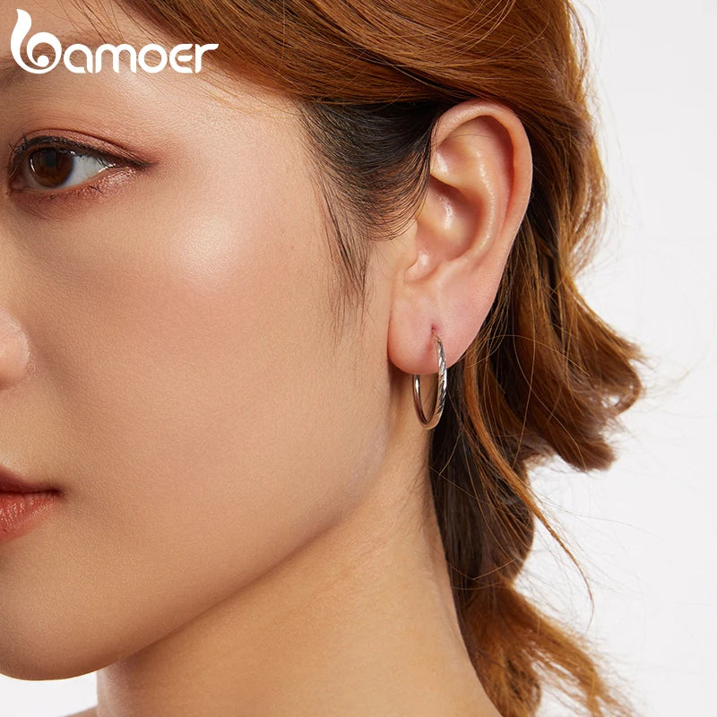 BAMOER 925 Sterling Silver Engraved Hoop Earrings for Women, Lightwieght Big Hoop Earrings Hypoallergenic Trendy Hoop Earrings