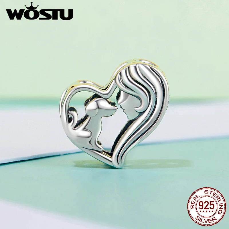 WOSTU 925 Sterling Silver Pink Love Heart Charms Bead Infinite Love Pendant Fit Bracelet Valentine Jewelry Mother's Day Gift