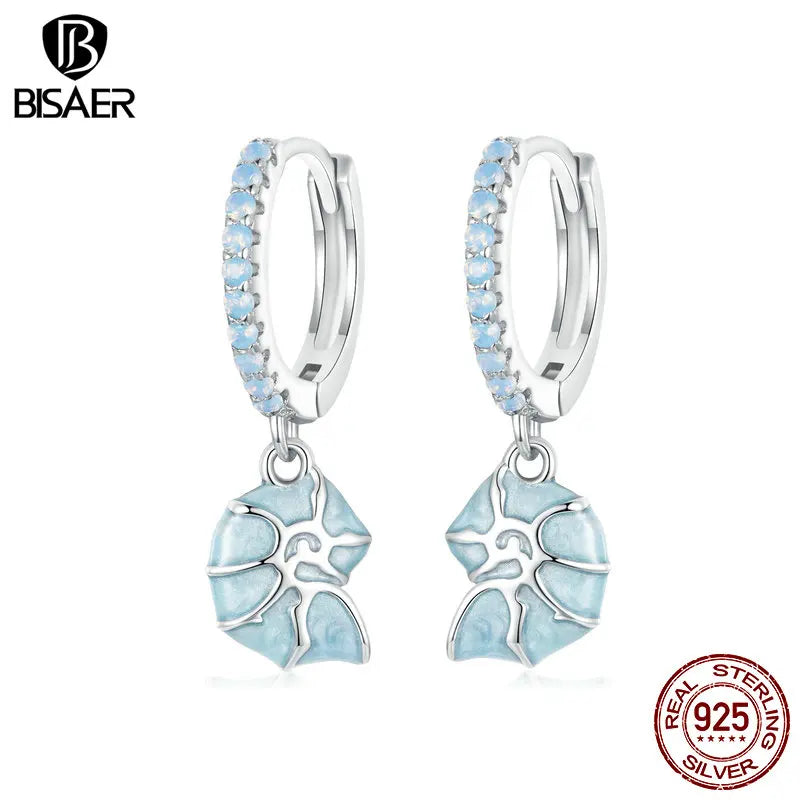BISAER 925 Sterling Silver Blue Seashell Hoop Earrings Bule Enamel Buckles Plated White Gold For Woman Fine Jewelry Holiday Gift