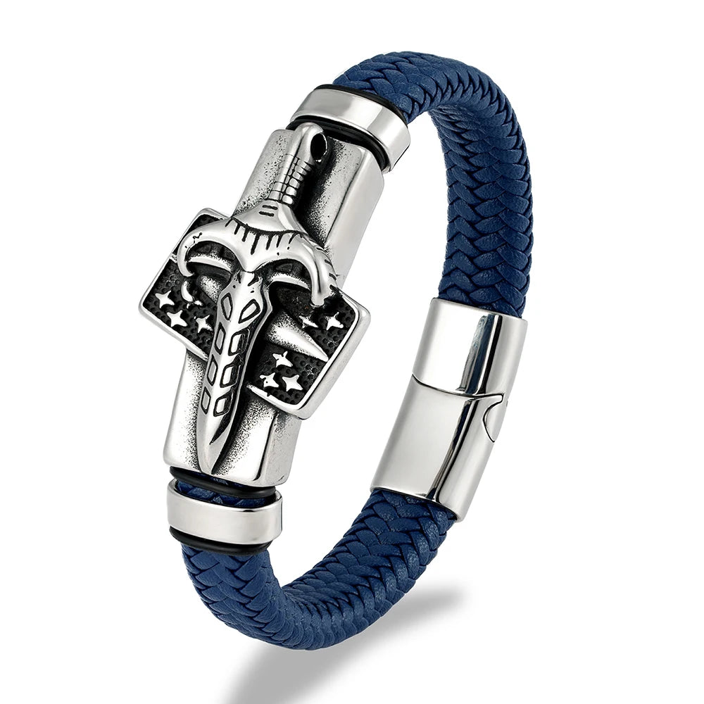 MKENDN Viking Style Men Braided Genuine Red Leather Bracelet Warrior's Sword Stainless Steel Magnetic Buckle Homme Pulseras