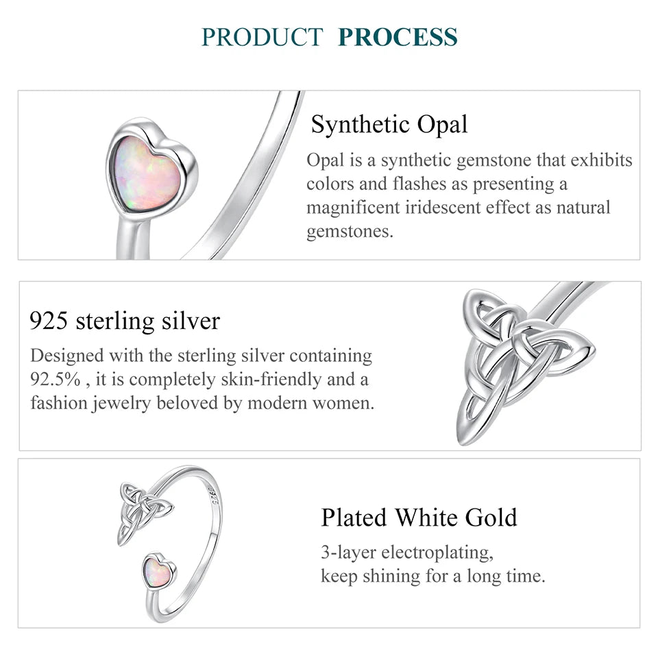 WOSTU 925 Sterling Silver Celtic Knot Open Ring With Pink Fire Opal Gemstone, Women Opal Heart Ring S925 Unique Valentine Gift