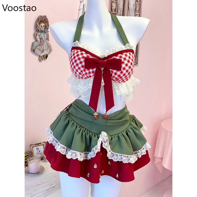 Sweet Lolita Style 2 Piece Set Women Kawaii Bow Lace Halter Neck Crop Tops Mini Cake Skirts Suit Female Korean Y2k Beach Outfits