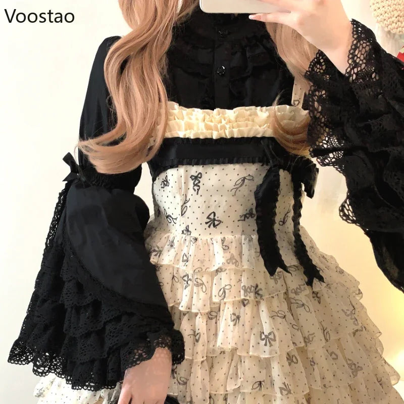 Victorian Elegant Lolita Shirts Women Harajuku Gothic Y2k Lace Ruffle Flare Sleeve Cotton Blouse Female Vintage Blusas Mujer Top
