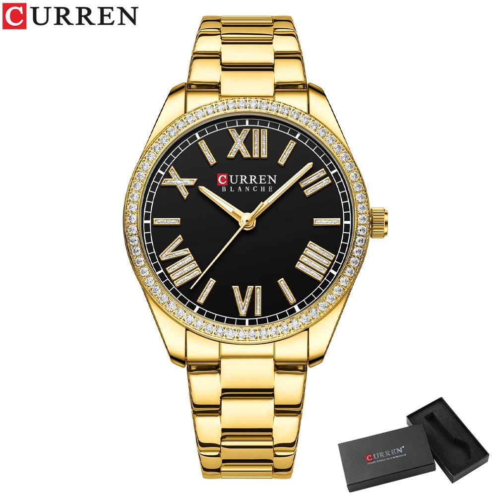 CURREN NEW Luxury Stainless Steel Wristwatches for Ladies Romantic Rose Pink with Rhinestones Roman Numeral Dial